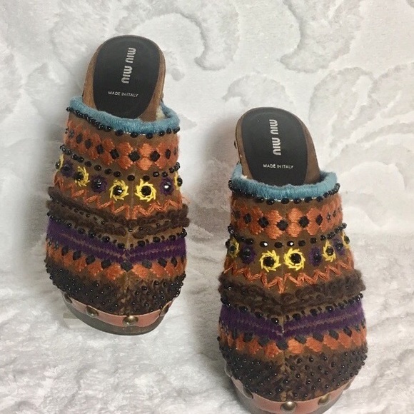 Miu miu STUDDED PLATFORM CLOGS heel embroidery - Picture 1 of 2